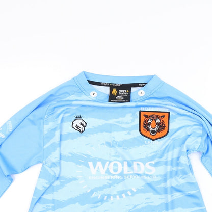 Close-up detail of Hope & Glory women’s blue basic t-shirt, size L, - hull fc