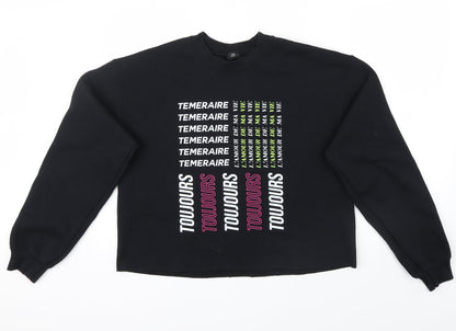 Front view of River Island women’s black jumper, size S, - print on front