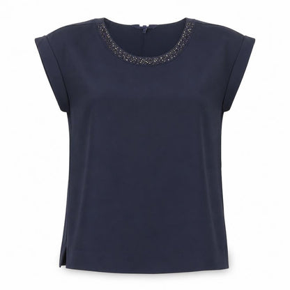 Front view of Preworn women’s blue basic blouse, size UK 6