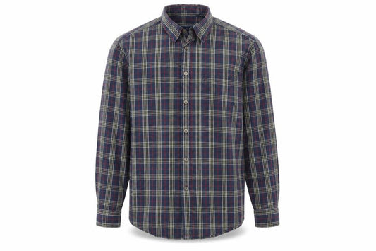 Front view of IZOD men’s blue check button-up, size M