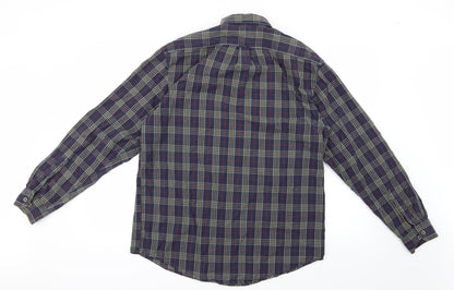 Back view of IZOD men’s blue check button-up, size M
