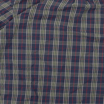Brand and care label for IZOD men’s blue check button-up, size M
