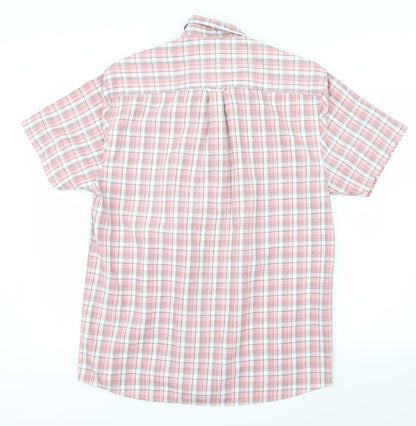 Back view of Easy men’s pink check button-up, size M