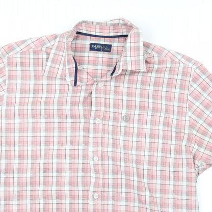 Close-up detail of Easy men’s pink check button-up, size M