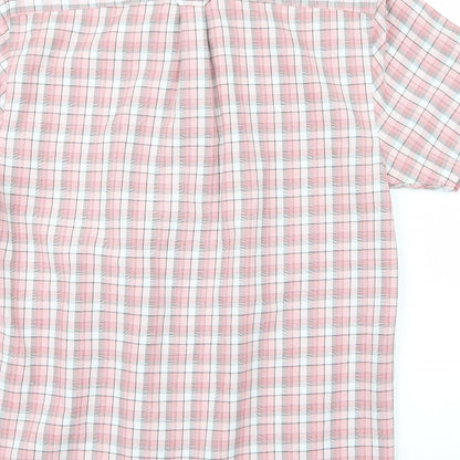 Brand and care label for Easy men’s pink check button-up, size M