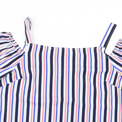 Close-up detail of Papaya women’s blue striped basic blouse, size UK 10