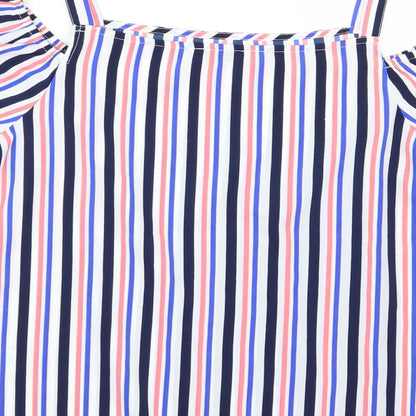 Brand and care label for Papaya women’s blue striped basic blouse, size UK 10