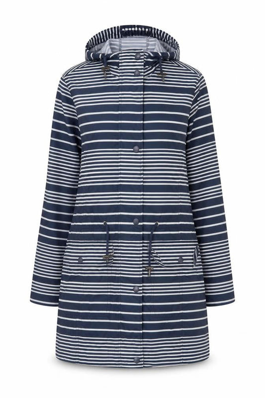 Front view of BHS women’s blue striped anorak coat, size UK 10
