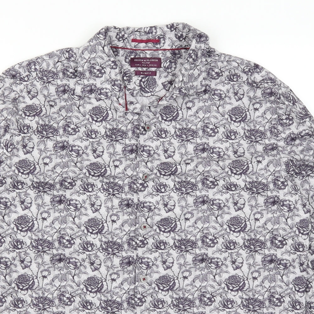 Denim & Flower Mens Purple Floral   Button-Up Size L