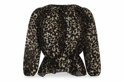 Front view of Preworn women’s brown animal print basic blouse, size S