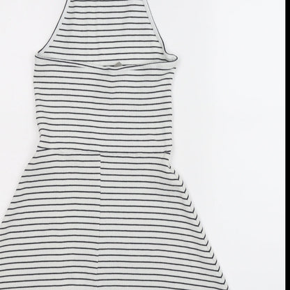 Brand and care label for ASOS women’s white striped fit & flare, size UK 8