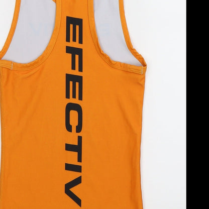 Brand and care label for Efectiv women’s orange jersey tank, size S