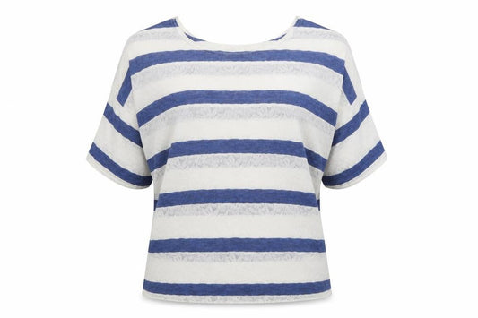 Front view of Blonde + Blonde women’s white striped basic t-shirt, size UK 10