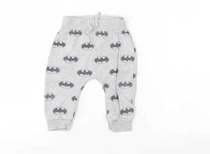 Front view of Batman boys’ grey sweatpants, size 6-9, months