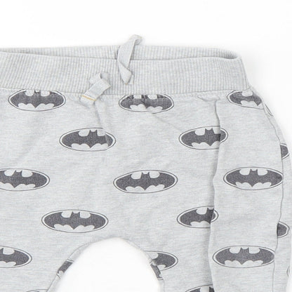 Close-up detail of Batman boys’ grey sweatpants, size 6-9, months