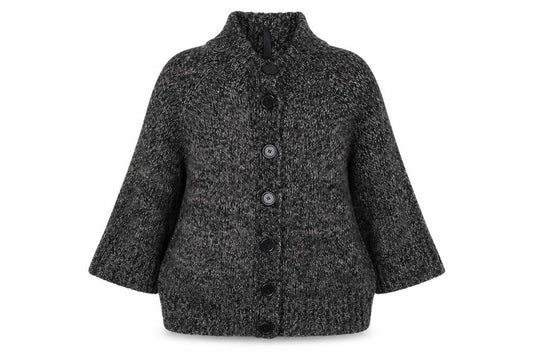 Front view of Preworn women’s black knit jacket, size UK 18
