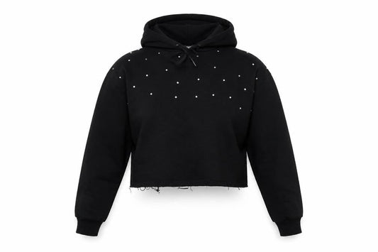 Front view of Primark women’s black pullover hoodie, size M, - cropped hoodie