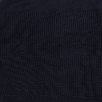 Brand and care label for Atlantic Bay men’s blue knit jacket, size M