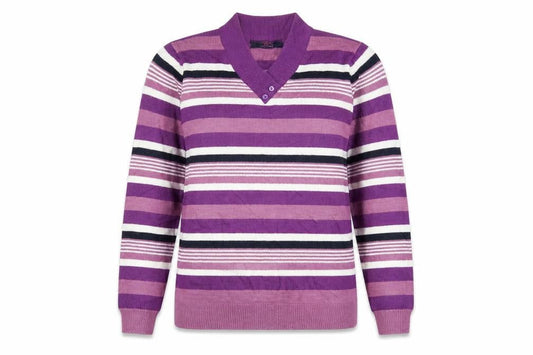 Front view of isle women’s purple striped knit jumper, size S
