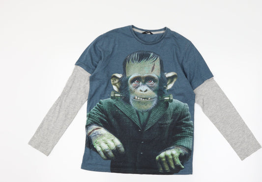 George Girls Blue   Basic T-Shirt Size 12-13 Years  - monkey frankenstein