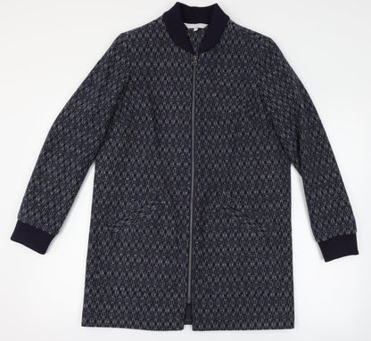 Front view of Red Herring women’s blue geometric overcoat coat, size UK 10