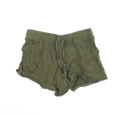 Front view of Primark women’s green paperbag shorts, size UK 8