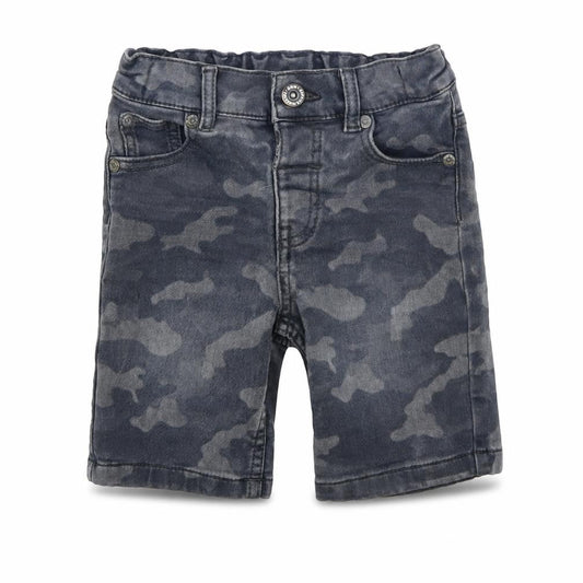 Front view of F&F boys’ grey camouflage denim biker shorts, size 2-3, years