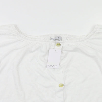 Close-up detail of Papaya women’s white basic t-shirt, size UK 10