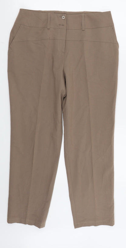 Front view of ADEK women’s brown trousers, size UK 18, 24-inch leg