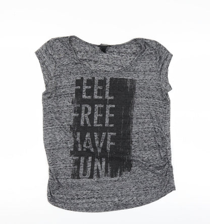 Front view of H&M women’s grey basic t-shirt, size M, - feel free have fun