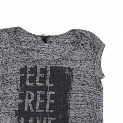 Close-up detail of H&M women’s grey basic t-shirt, size M, - feel free have fun