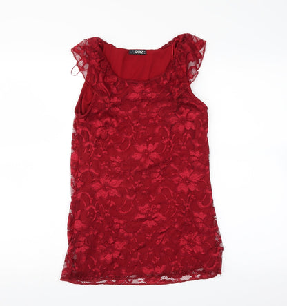 Front view of Quiz women’s red floral basic blouse, size UK 8, - lace layer