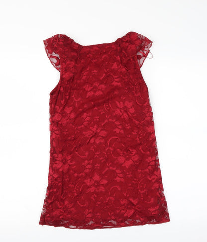 Back view of Quiz women’s red floral basic blouse, size UK 8, - lace layer