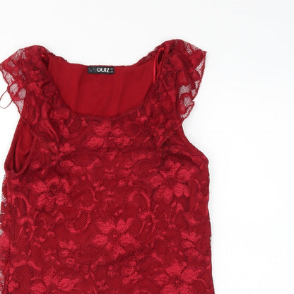 Close-up detail of Quiz women’s red floral basic blouse, size UK 8, - lace layer