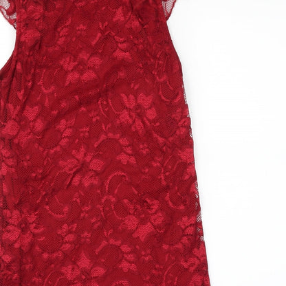 Brand and care label for Quiz women’s red floral basic blouse, size UK 8, - lace layer