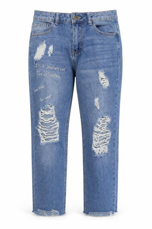 Front view of PUELLA women’s blue denim straight jeans, size UK 10, 24-inch leg - slogan
