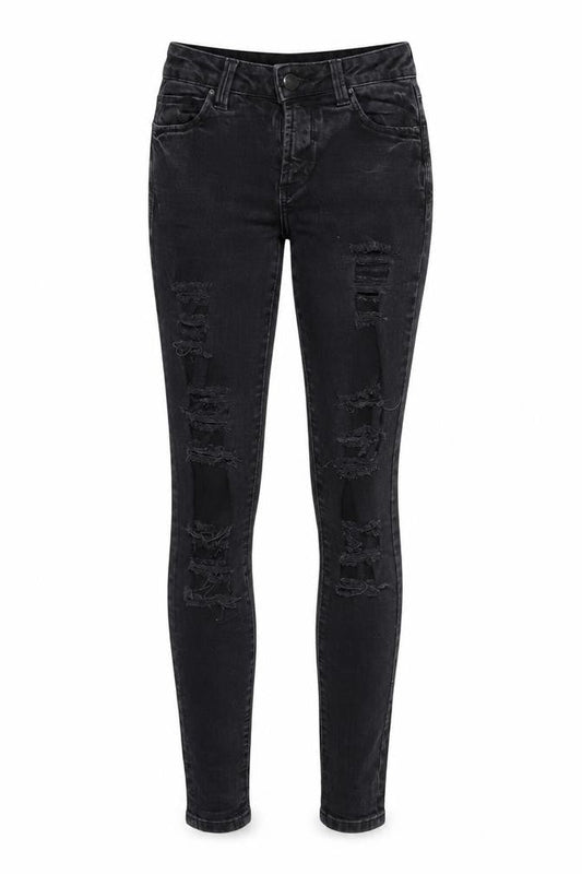 Front view of Denim & Co. women’s black denim skinny jeans, size UK 6, 28-inch leg - extreme rip