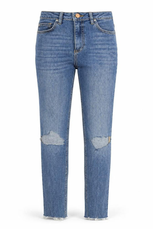 Front view of women’s blue denim skinny jeans, size UK 26, in, 29-inch leg