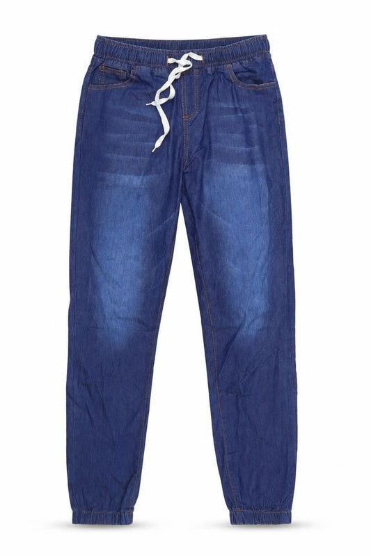 Front view of Preworn men’s blue denim tapered jeans, size 28, in, 28-inch leg
