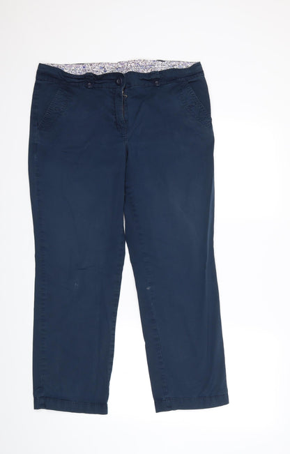 Front view of Debenhams women’s blue trousers, size UK 14, 28-inch leg