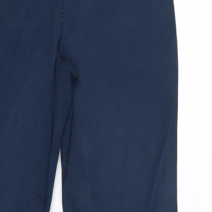 Brand and care label for Debenhams women’s blue trousers, size UK 14, 28-inch leg