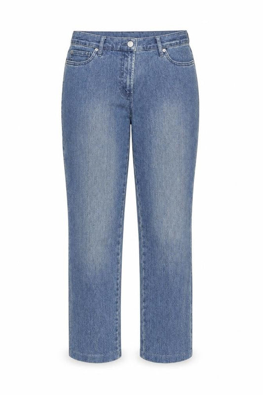 Front view of Vianni women’s blue denim straight jeans, size UK 40, 27-inch leg