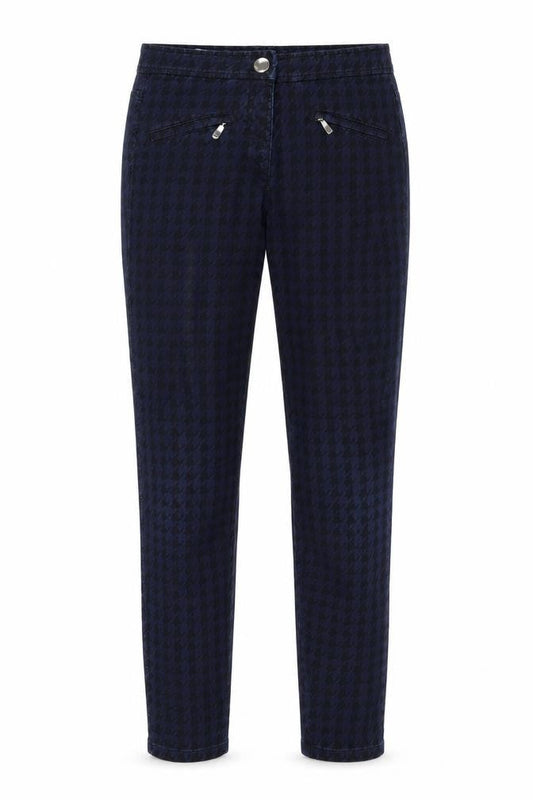Front view of ZERRES women’s blue houndstooth skinny jeans, size UK 36, 31-inch leg