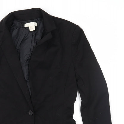 Close-up detail of H&M women’s black jacket suit jacket, size UK 4