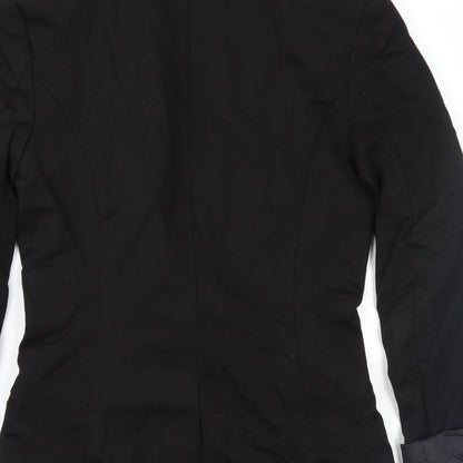 Brand and care label for H&M women’s black jacket suit jacket, size UK 4