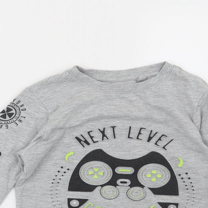Close-up detail of Blue Zoo boys’ grey basic t-shirt, size 4-5, years - game on-next level complete