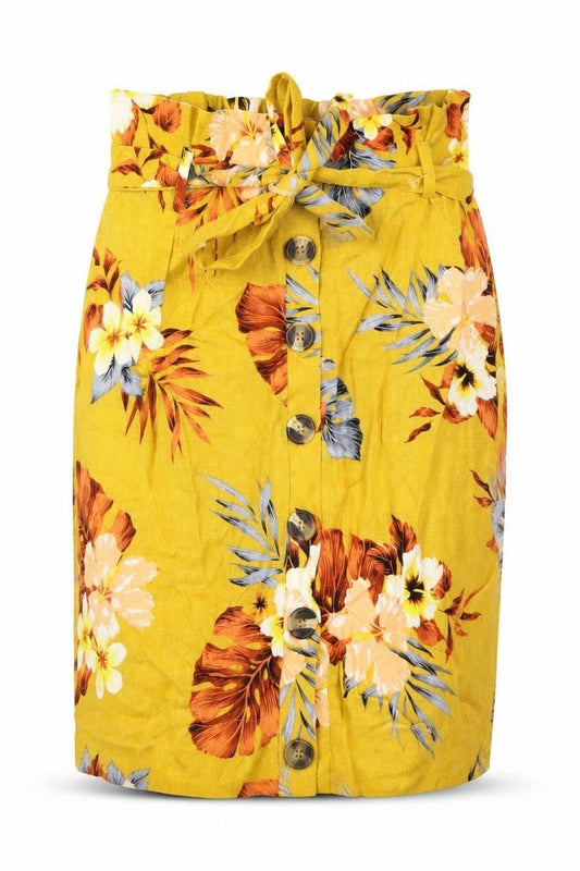 Front view of New Look women’s yellow floral a-line skirt, size UK 6