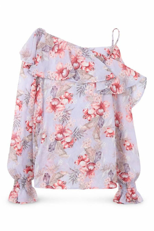 Front view of New Look women’s purple floral basic blouse, size UK 8