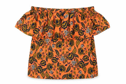 Front view of Peacocks women’s orange floral basic blouse, size UK 8