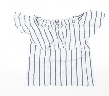 Front view of BELOVED women’s blue striped basic blouse, size UK 38